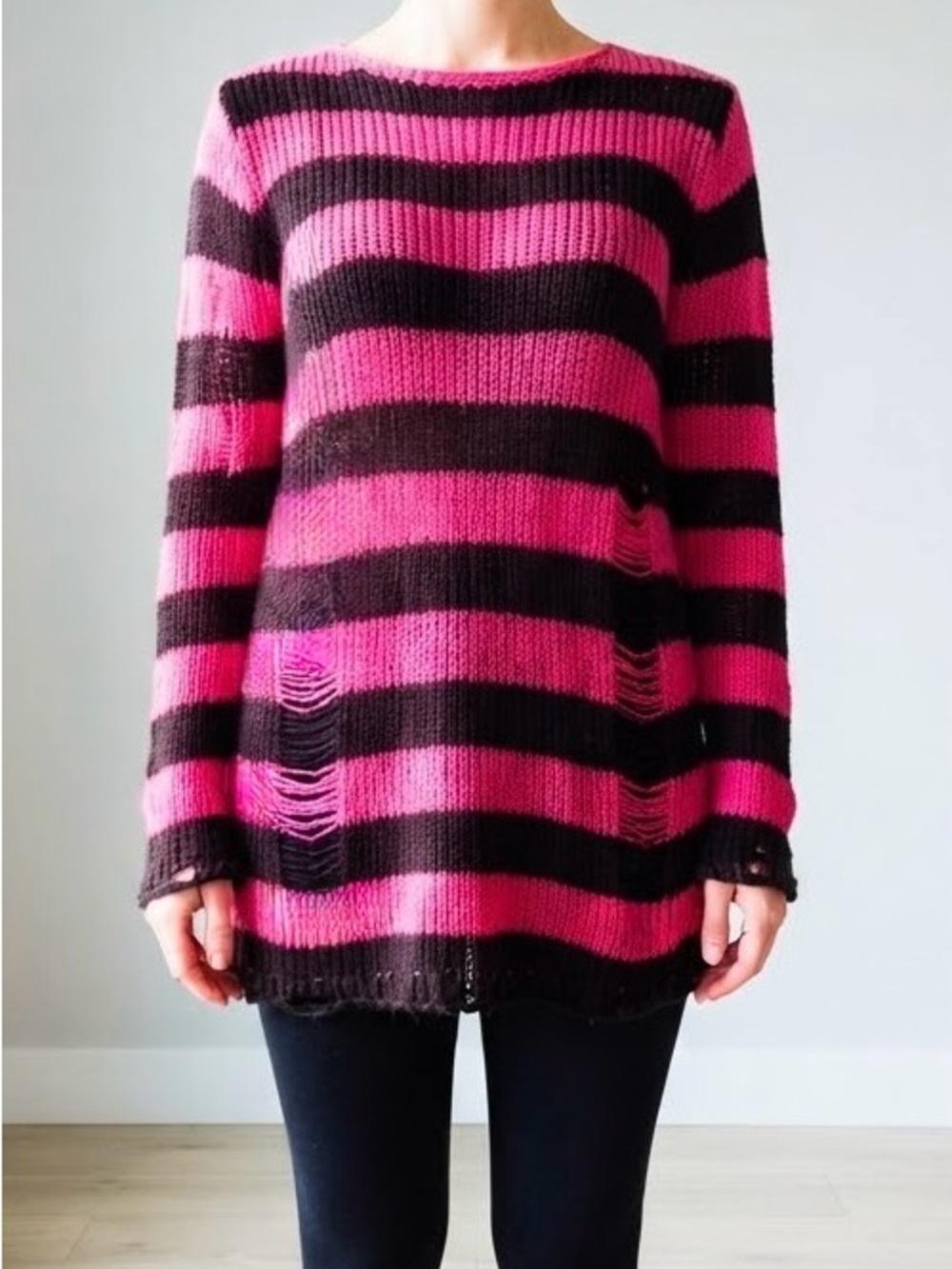 Grunge Punk Distressed Oversized Long Knit Sweater Hot Pink Black Striped M EUC